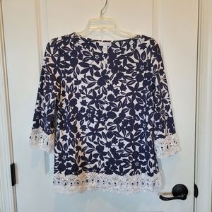 Charter Club Womens Navy & White Crochet Trim 3/4 Sleeve Floral Size S